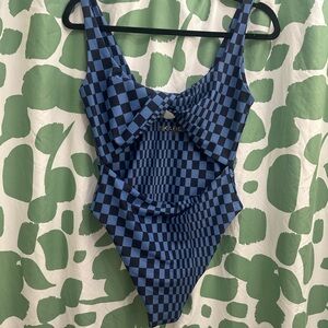 Skatie Blue Checkered One Piece Swimsuit with Plunging V-Neck